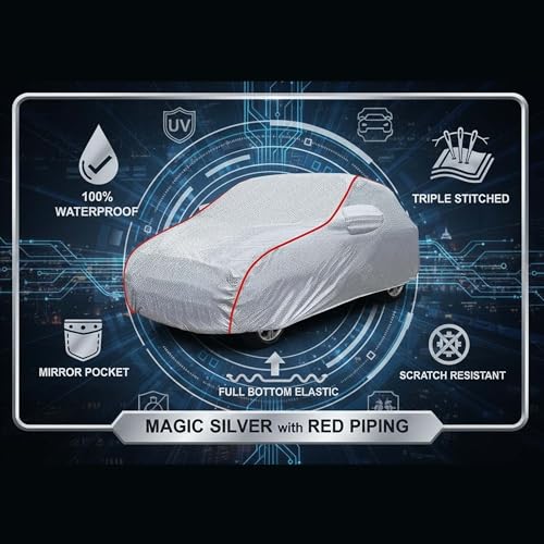 Image of Sulfar 100% Waterproof Car Body Cover Compatible with Mirror for Mahindra Scorpio N (Triple Stitched, Full Bottom Elastic, Magic Silver with Red Piping)