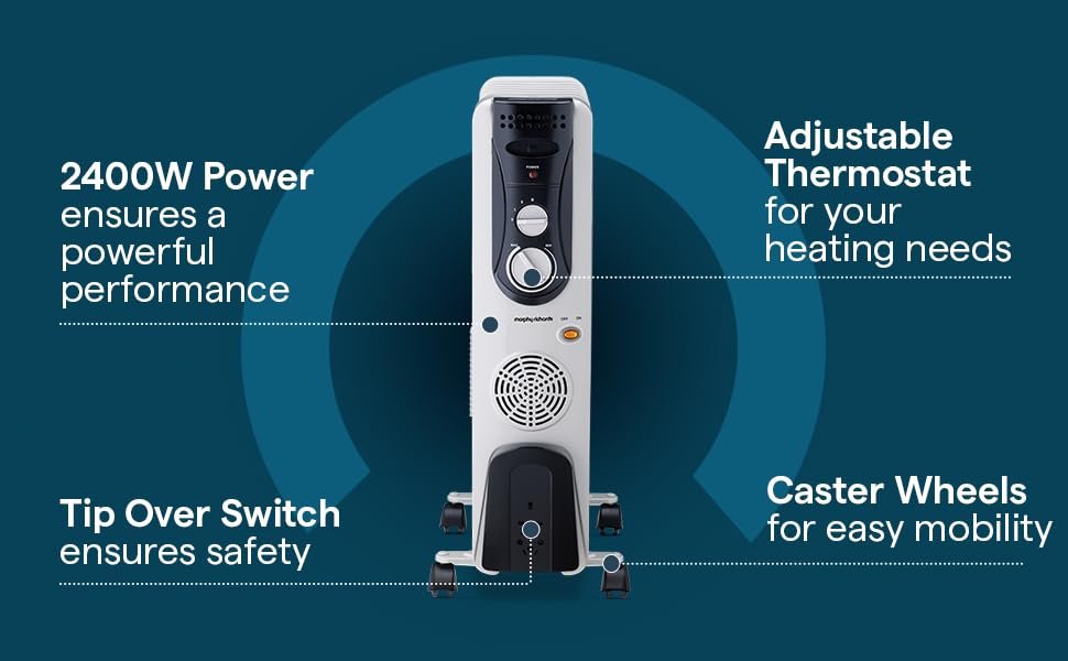 Image of Morphy Richards OFR 09F 2400W Oil Filled Radiator Room Heater | 9 Fin | PTC Fan Heater | Adjustable Thermostat | Overheat Protection | Castor Wheels | Silent Operation | 2 Year Warranty | Grey