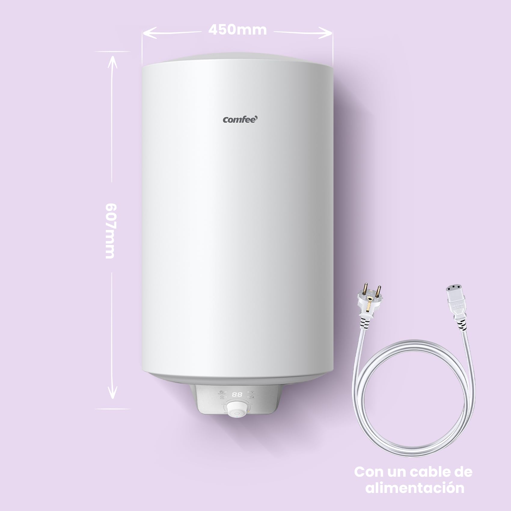 COMFEE' D50-15EFG Calentador de agua eléctrico mural de Accumolo 50 L Sobre fregadero de acumulación Compacto fácil de instalar, Blanco | Control Remoto por APP, Tamaño Compacto, Fácil Instalación, Clase B, 1500W Calentamiento rápido, Montaje sin Retaladr