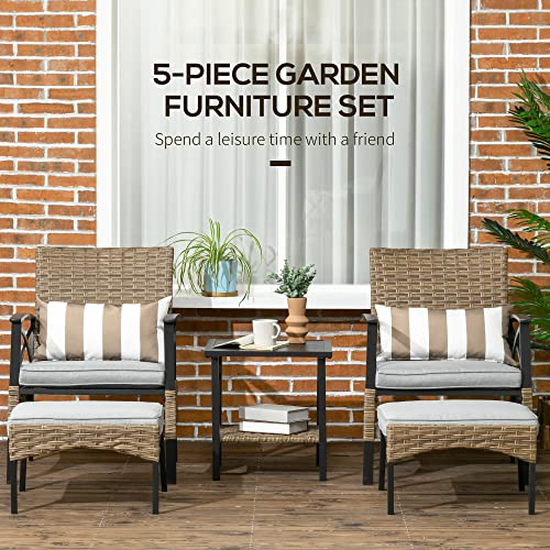 Outsunny 5 Piece PE Rattan Garden Furniture Set, 2 Armchairs,2 Stools, Steel Tabletop with Wicker Shelf, Padded Outdoor Seating, Khaki - Image 4