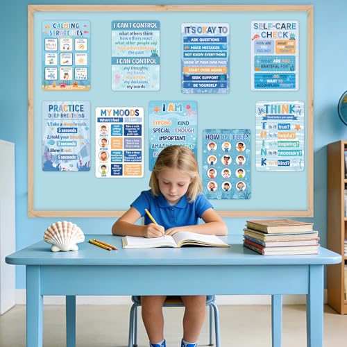 Image of 9Pcs Calming Corner Posters, 13.4 inchx9.2 inch Ocean Theme Calm Down Corner Poster for Classroom Bulletin Boards, Educational Behavior Charts for Elementary Middle Back to School Wall Decorations Teacher Must Haves