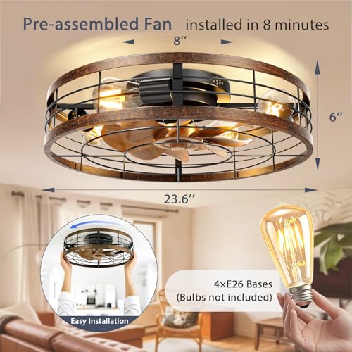 Image of VOLISUN Farmhouse Caged Ceiling Fans with Lights Flush Mount, 23.6'' Rustic Low Profile Ceiling Fan with Light and Remote, Bladeless Fandelier Ceiling Fans with Lights for Kitchen, Bedroom-Gold