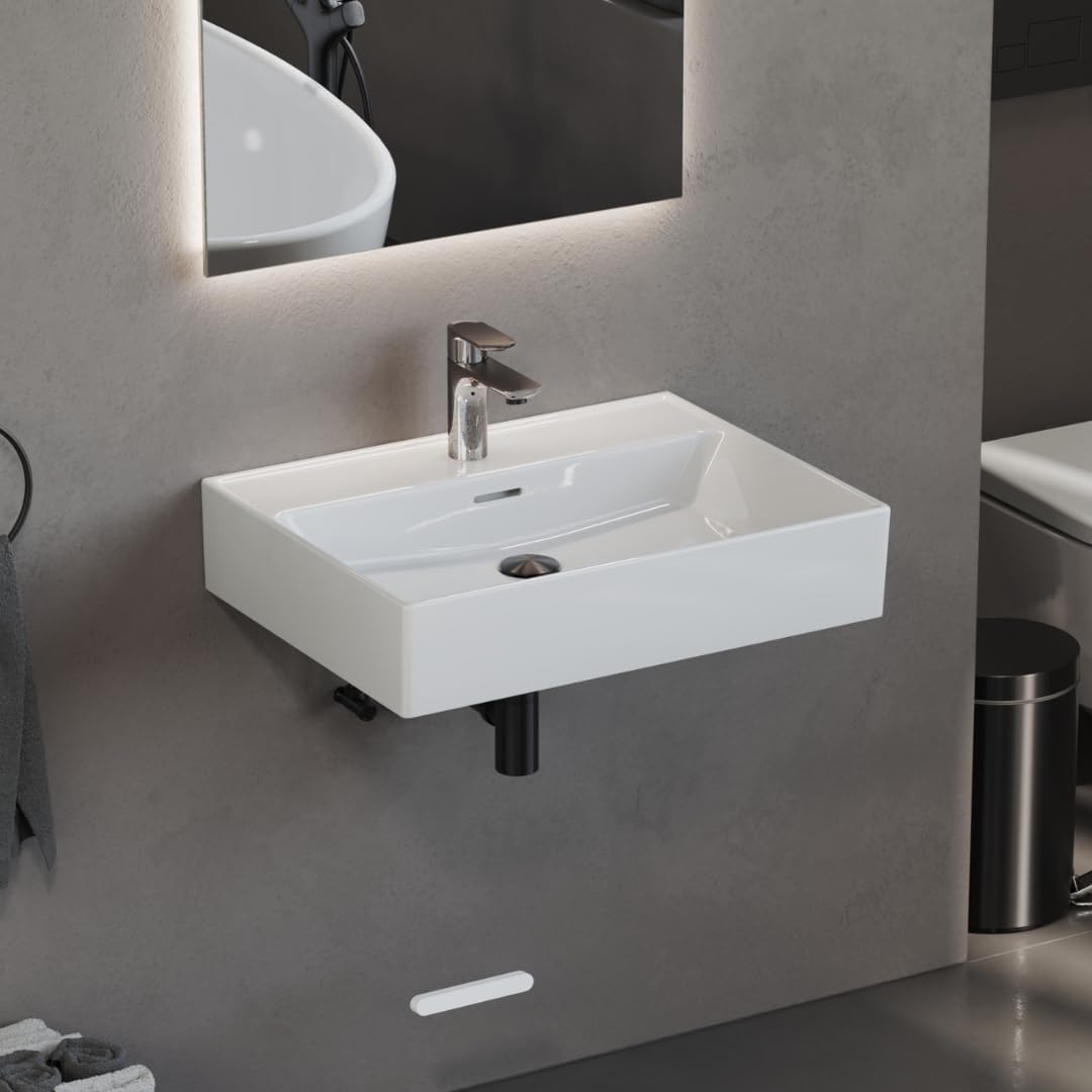 Aqua Bagno lavabo 60 cm bianco – lavabo in ceramica rettangolare per bagno, bordo sottile, design moderno, montaggio a parete o su mobile bagno, superficie facile da pulire e resistente