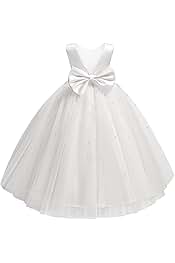 Flower Girl Dress for Wedding Pearls Tulle Dress Kids Princess Communion Pageant Ankle Length Dresses with Bow-Knot