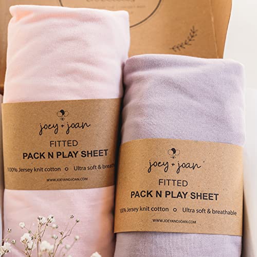 Image of Travel Crib Fitted Sheets for Baby Bjorn, Guava Lotus Travel Crib and 24 x 42 Inch Travel Light Playard Mattress – Snuggly Soft 100% Jersey Cotton – Pale Pink + Lilac – 2 Pack