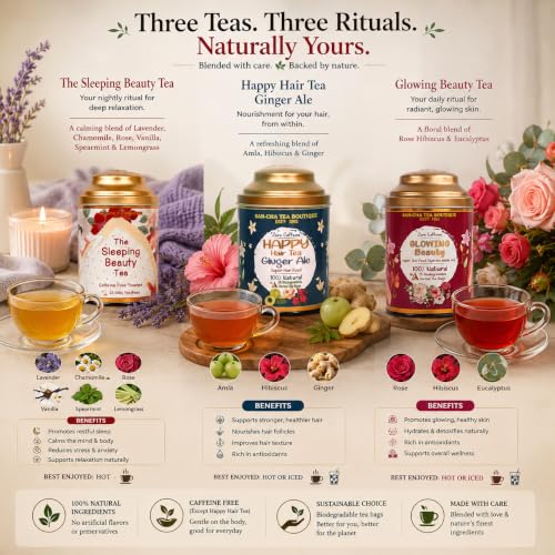 Image of Sancha Tea Boutique, Beauty Tea Bundle, 75 Pyramid Tea Bags, Glowing Beauty, Sleeping Beauty & Happy Hair Herbal Tisanes, Caffeine-Free Value Pack