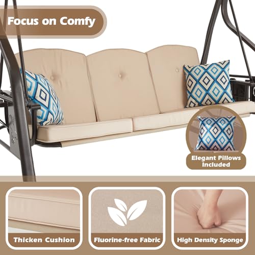 Image of ZZW 3-Seat Outdoor Porch Swing with Stand, Patio Swing with Canopy, 2 in 1 Porch Swing Bed & Patio Swing Chair for Adult, Yard Swing w /Extra Pillows and Cup Holder