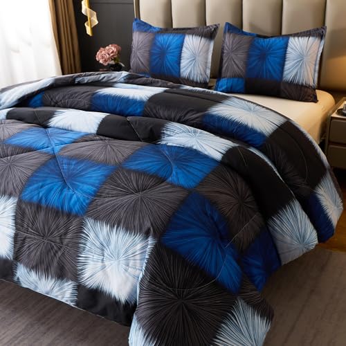 Image of Caressma Black and Navy Blue Checkered Comforter Bedding Set, Full Size Blue White Plaid Comforter Set for Boys, Fluffy Black Grid Home Decor for All Seasons