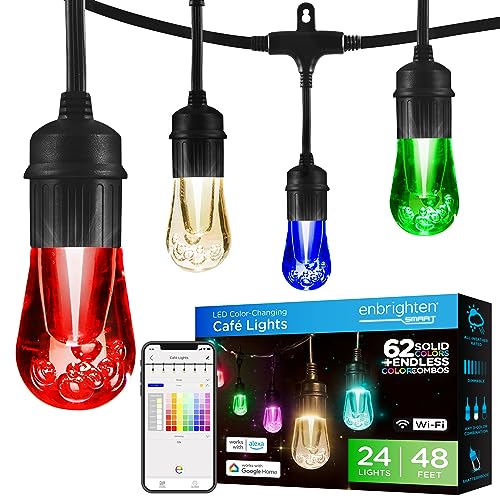 Enbrighten Premium Smart Color Changing String Lights, 48ft Black Cord, 24 Shatterproof Acryllic Bulbs, Weatherproof, Customizable, Wi-Fi App Control, Dimmable Outdoor String Lights, 57415 Enbrighten Premium Smart Color Changing String Lights, 48ft Black Cord, 24 Shatterproof Acryllic Bulbs, Weatherproof, Customizable, Wi-Fi App Control, Dimmable Outdoor String Lights, 57415