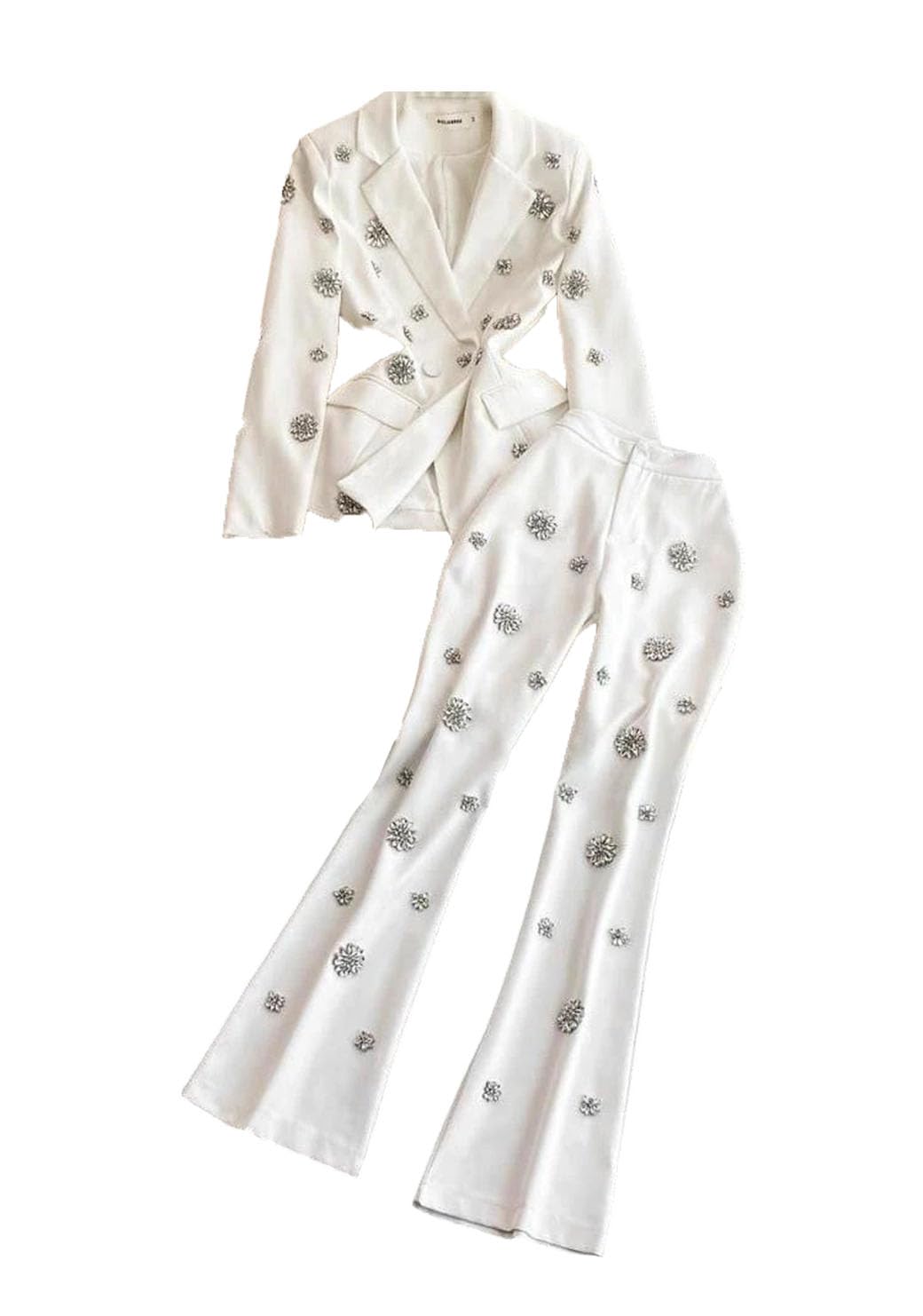 Womens Diamond Flower Decor Blazer and High Waist Trouser Two Piece Suit Elegant Commute Office Business Outfit