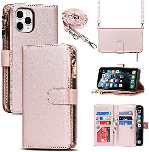Jaorty iPhone 11 Pro Max Phone Case Wallet for Women Men with Credit Card Holder, iPhone 11 Pro Max Crossbody Case with Strap Shoulder Lanyard, Zipper Pocket PU Leather Cases,6.7 Inch Rosegold