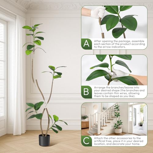 GarveeHome 6FT Artificial Plants Rubber Tree with Black Resin Pot& White Stone Faux Fiddle Leaf Fig Tree Indoor Artificial Trees Tall Plant Fake Tree Tropical Large Floor Tree Real Touch for Home Deco