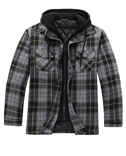 ZENTHACE Men's Thicken Plaid Hooded Flannel Shirt Jacket with Quilted Lined,Zipper&Snap4