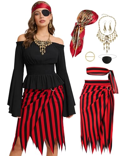 Angelaicos Womens Pirate Costume With Accessories Set Pirate Head Scarf for Women Halloween Cosplay Outfits (Red)