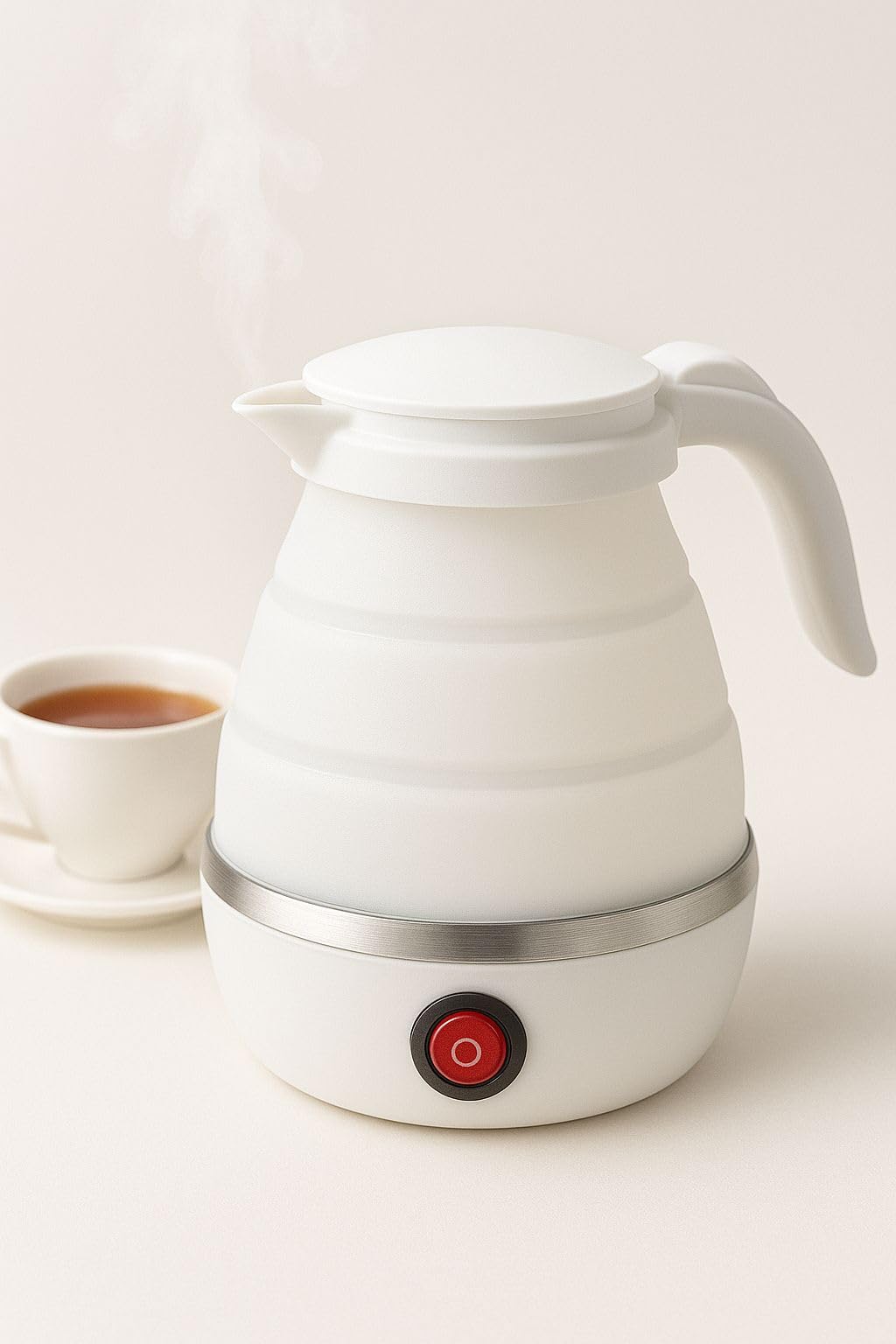 Travel Folding Electric Kettle 600W Portable Silicone Collapsible Kettle (Blue, Pink & White), Food Grade BPA-Free, Auto Shut-Off-image-0