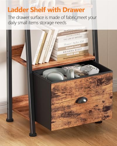 Image of Furologee 6 Tier Ladder Shelf,Ladder Bookshelf with Drawer,Industrial Tall Bookcase,Storage Rack Organizer,Wood Metal Freestanding Shelves for Living Room, Home Office, Bedroom,Rustic Brown
