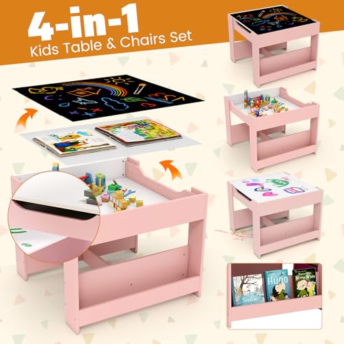 Image of GLACER Kids Table and Chairs, 3 in 1 Craft Table with Storage, Detachable Tabletop, Removable Blackboard for Children Drawing, Reading, Toddler Table and Chair Set for Playroom (White + Pink)