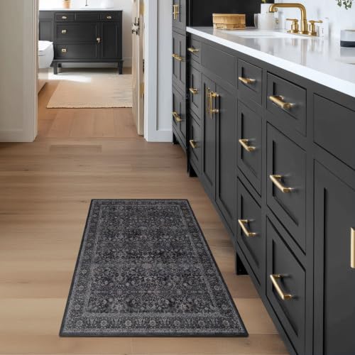 Image of Dark Entryway Rug 2x3, Kitchen Rugs Non Slip Washable, Low Pile Ultra Thin Door Mat Indoor Entrance, Small Carpet for Bedroom Bathroom, Vintage Farmhouse Earth Tone Midnight