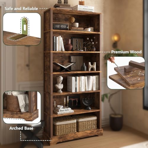 Image of TVU 6-Tier Wooden Bookshelf, 77.2 inch Tall Farmhouse Style Open Bookcase, 31.5 inch W Standing Book Shelf with Storage, Suitable for Study, Living Room, Office, Rustic Brown