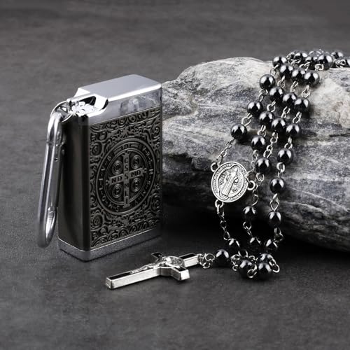 Saint Benedict Rosary with Hematite Black Stone Beads, 6mm, Metal Gift Box, Religious Cross Necklace4