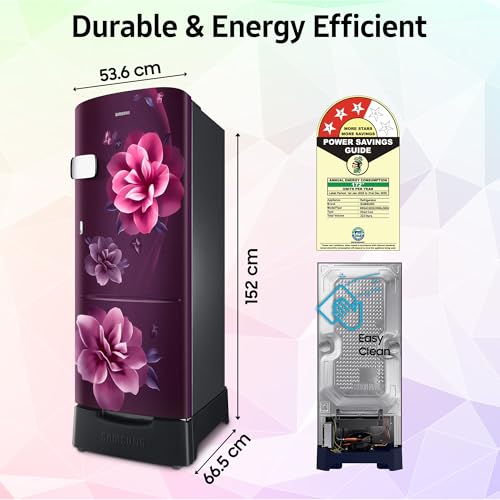 Image of Samsung 223 L, 3 Star, Digital Inverter, Direct-Cool Single Door Refrigerator (RR24C2Z23CR /NL, Red, Camellia Purple, Base Stand Drawer)