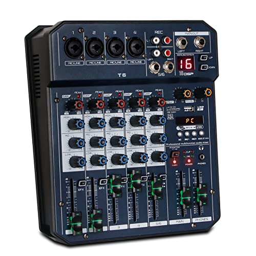 Depusheng T6 Mezclador de audio Interfaz de controlador de sonido de DJ de 6 canales con tarjeta de sonido USB para grabación de PC, procesador DSP de 16 bits FX