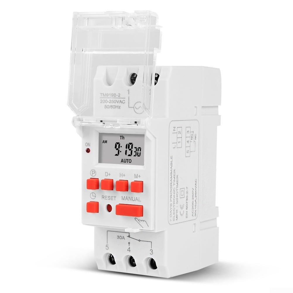 Digital DIN Rail Mounting Time Switch, Sinotimer TM919B 30A High Load 85-265VAC 7 Days LCD Digital Programmable Timer Switch(24V)