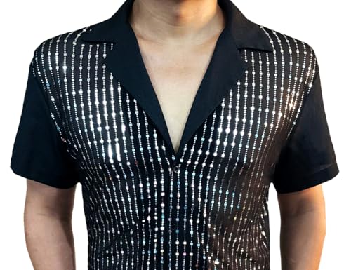 Mens Mesh Sequins See Through 70s Disco Long Sleeve Button Down Shirts2
