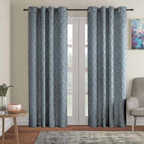 Image of STITCHNEST Leaf Vine Jacquard Door Curtain - Blue, 7 Feet, Grommet Top - Pack of 2 Elegant Curtain Panel for Living Room & Bedroom