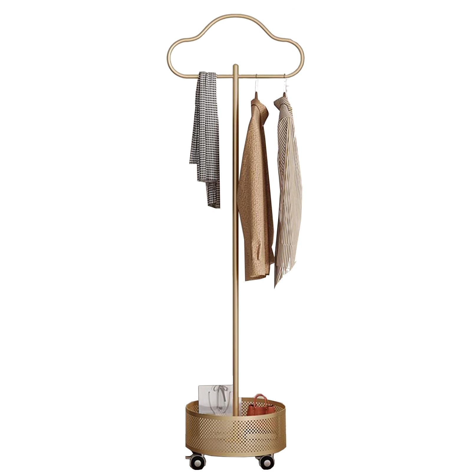 SXYKXYDL Heavy Duty Garment Rack with Wheels, Modern Freestanding Metal Clothing Rack with Storage Basket, Entryway Coat Hanger Stand for Jackets, Hats, and Dresses