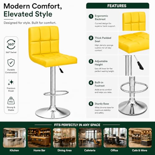 Image of Kemon KaiMeng Modern Adjustable Swivel Bar Stool Chair with Backrest, PU Leather Hydraulic Counter Stool with Footrest for Kitchen Island, Cafe & Home Bar, Yellow, Square Tufted Back Stool