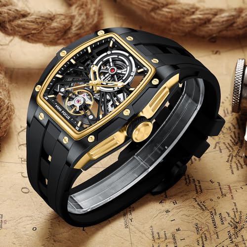 Image of MF MINI FOCUS Unique Men Watches,Automatic Mechanical Watch,Luxury Hollow Tonneau Watches for Men with Stainless Steel Case and Silicon Band (Self-Wind Movement /5ATM Waterproof /Super Luminous)