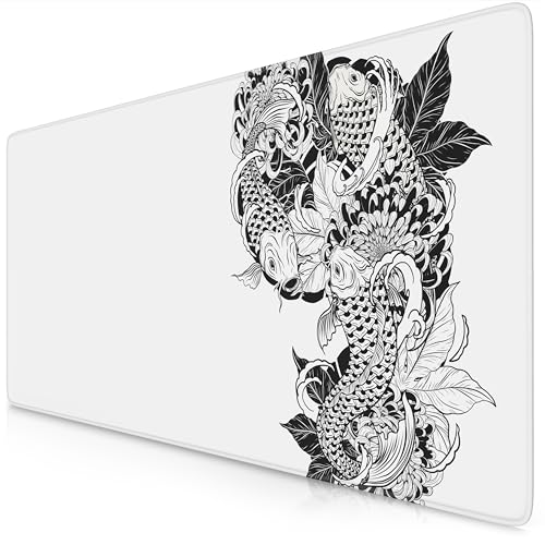 TITANWOLF - XXL Mouse Mat - Mouse Pad 900 x 400 x 3mm Speed Gaming Mouse Pad - Extra Large MousePad - Table Mat Large Size - Improved Precision and Speed Koi Tattoo 3 White