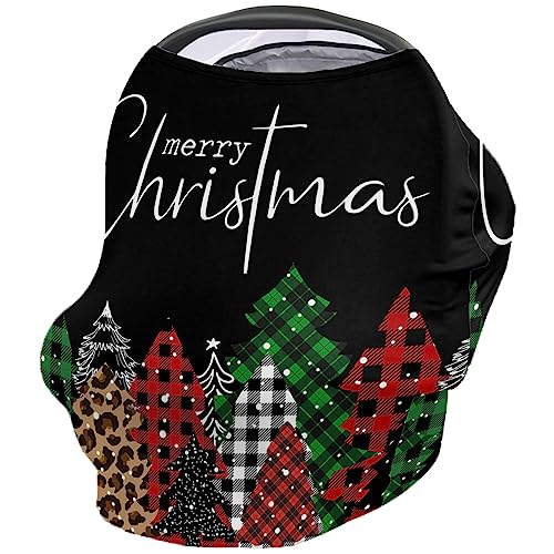Nursing Cover for Breastfeeding Scarf, Merry Christmas Red Plaid Xmas Tree Leopard Print Baby Car Covers Super Soft Multi Use for Canopy Shopping Cart Cover Blanket Stroller Cover