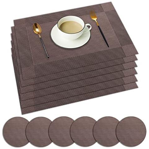 wiipara Placemats Set of 6, PVC Place Mats and Coasters Washable Non-Slip Heat Resistant Table Mats for Kitchen Dining Table Home Restaurant (6 Placemat + 6 Coaster, Brown) Cover