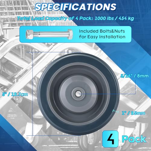 Image of Shopping Cart Wheels Replacement | 4 Pack Shopping Cart Caster, 5-inch Diameter Wheels with Axles Bolts (Grey)