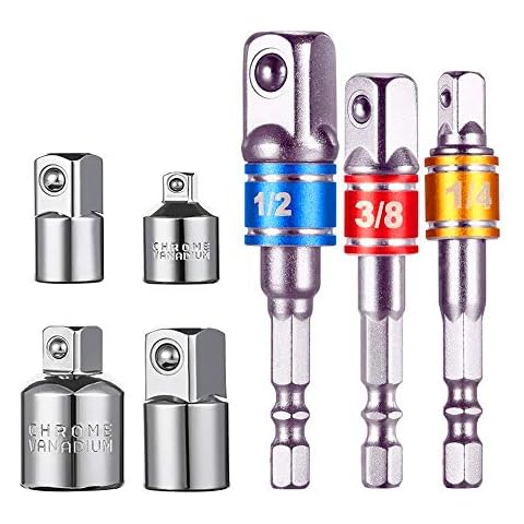 Adaptador para Llave de Carraca, Juego de 4 Pzas Adaptadores de 1/4", 3/8", 1/2" +Set con 3 Pzas de Color Aluminio adaptadores 1/4" hex-1/4" -3/8" 1/2"Llave de vaso de Newder Cover