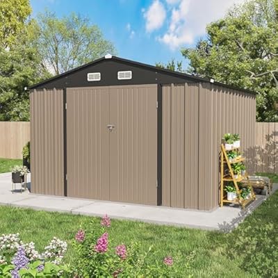 GUNJI 10x10 FT Outdoor Storage Shed, Tool Shed with Sloping Roof, Lockable Door and 2 Shelves, Metal Shed for Backyard Garden Patio Lawn