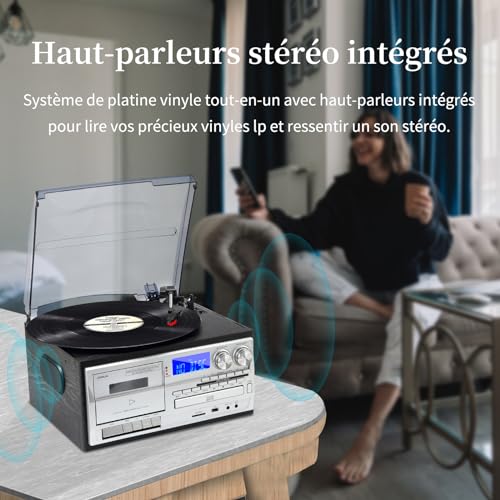 JORLAI Tourne Disque 3 Vitesses avec télécommande, Phonographe Vinyle Bluetooth avec Haut-parleurs intégrés CD/Cassette Radio AM/FM USB/SD/MMC 3.5mm Aux-in/RCA-Out, Noir - Les Beatles, Paul McCartney, John Lennon, RIngo Starr, George Harrison JORLAI Tourne Disque 3 Vitesses avec télécommande, Phonographe Vinyle Bluetooth avec Haut-parleurs intégrés CD/Cassette Radio AM/FM USB/SD/MMC 3.5mm Aux-in/RCA-Out, Noir – Image 6