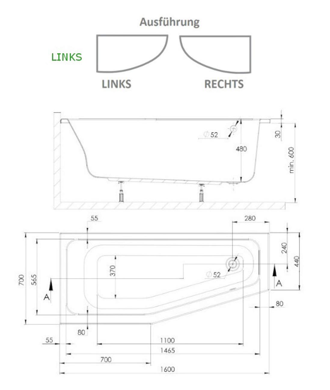 ECOLAM® raumsparende Badewanne Eckwanne Acryl weiß Keos 160x70 cm LINKS + Ablaufgarnitur Ab- und Überlauf Automatik Füße Silikon mit Antirutsch-Oberfläche