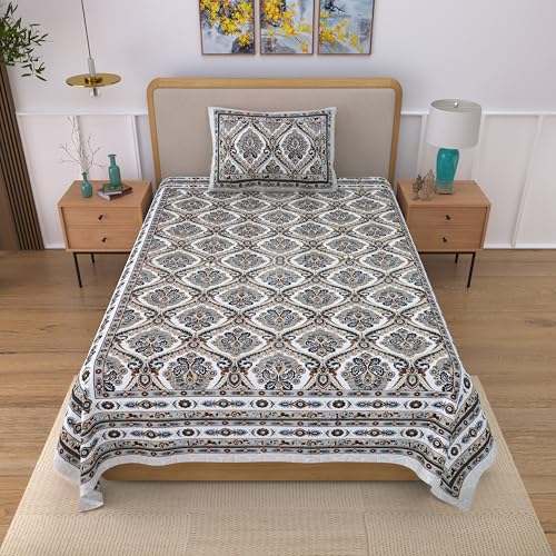 Image of 100% Cotton Single Bedsheet with 1 Pillow Cover | 240 TC Pure Cotton Flat Bed Sheet | Traditional Jaipuri Printed Bedding Set | Soft & Breathable | 60 x 90 Inch (Rangmahal Single 27)