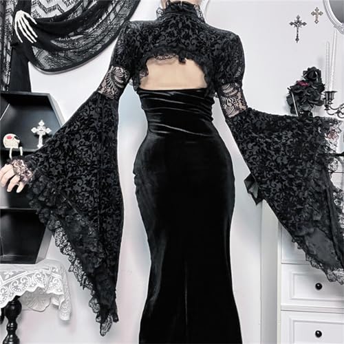 Womens Gothic Shrug Goth Lace Cardigan Mesh Bell Sleeve Shawl Y2k Crop Top Punk Shirt3