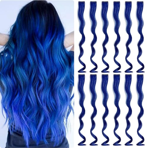 Fanguilar Colored Hair Extensions 12 PCS 20 Inch Deep Blue Clip in Hair Extensions Rainbow One Color Party Highlight Long Wavy Synthetic Hairpiece for Women Gifts Halloween Party