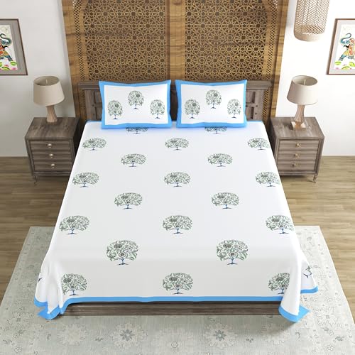 Image of BLOCKS OF INDIA Hand Block Printed 200 TC Cotton King Size Bedsheet (Blue Tree of Life)