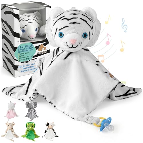 Image of Love By Emi 4 in 1 Baby Lullaby Sleep Soother Toy - Stuffed Animal Sound Machine & Pacifier Holder | Heartbeat White Noise & Music | Plush White Tiger Lovey Sleep Aid Security Blanket (0-3 Years)