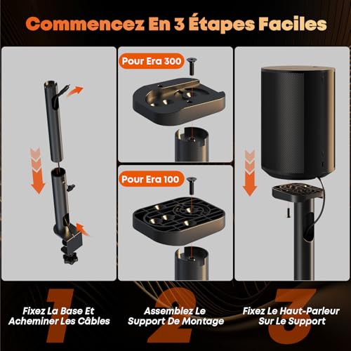 Support d'Enceinte de Bureau avec Gestion Câbles Cache Pied Réglable pour Sonos Era 100/300