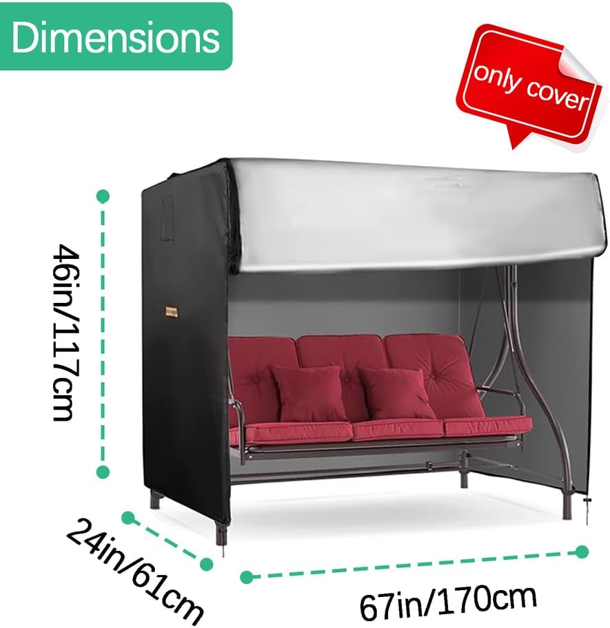 Outdoor Swing Cover 600D Heavy Duty Waterproof Patio Porch Swings Covers for Patio Swing/Outdoor Furniture Porch/Glider Hammock Vents Reflective Handles Cover Only,Black,67×24×46in