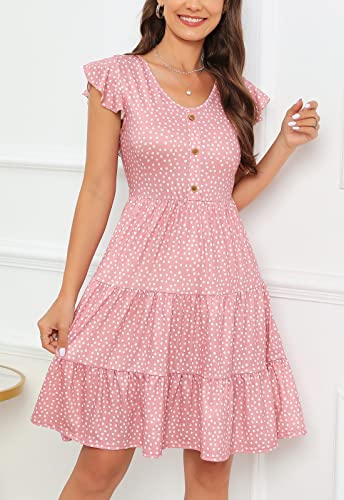 Image of Lamilus Summer Dresses for Women 2026 Ruffle Sleeve V Neck Non-See Through Tiered Babydoll Mini Dress Graduation Beach