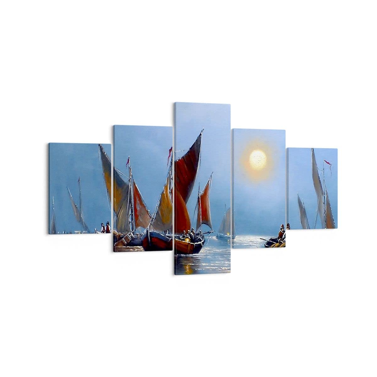 Tableau Triptyque Bateaux Sur Toile 125x70cm - 5 Parties Déco Murale Maritime - Style Moderne Pour Salon