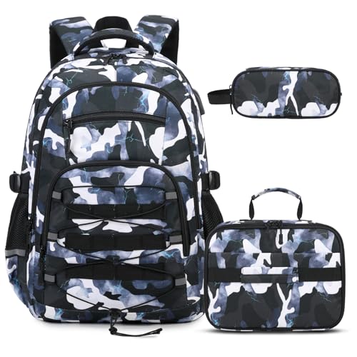 ACESAK Mochila camuflada para meninos, mochilas escolares para meninos, crianças, adolescentes, ensino fundamental e médio, Camuflagem preta e azul